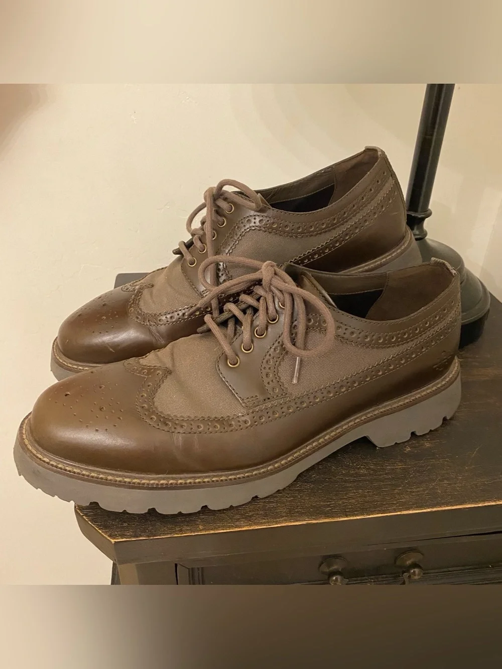 Cole Haan Men's 11 American Classics Longwing Oxfords Brown Leather Green Canvas